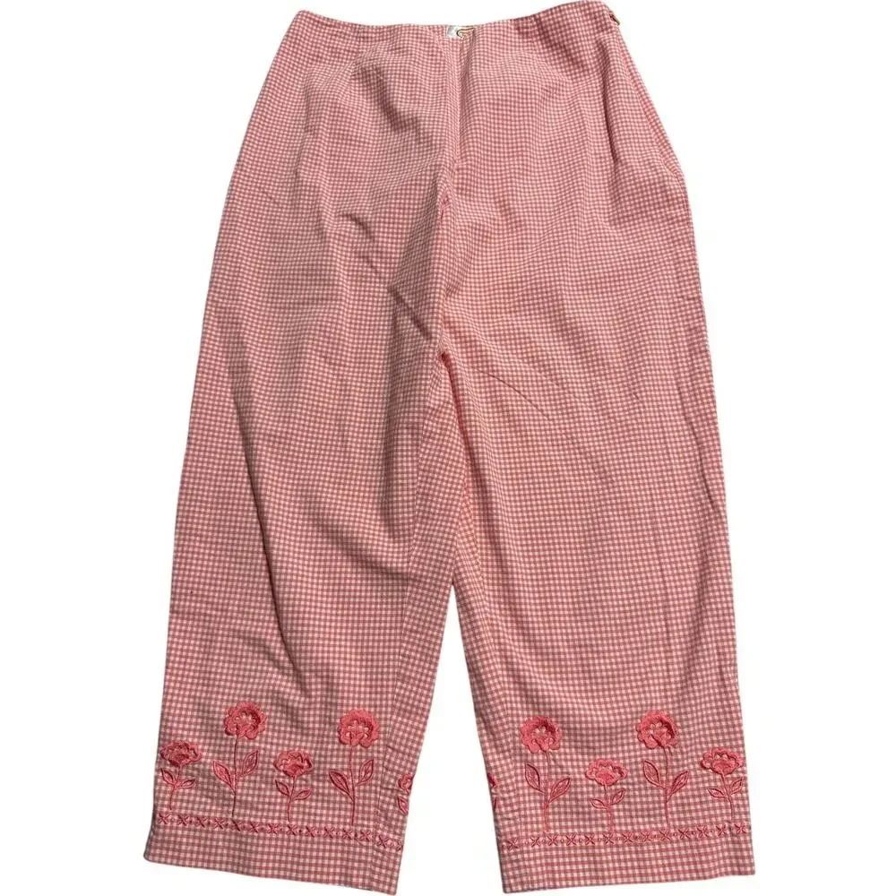 VTG Talbots Stretch Crop Pants Plaid Embroidered Flowers Womens 8P Coral White